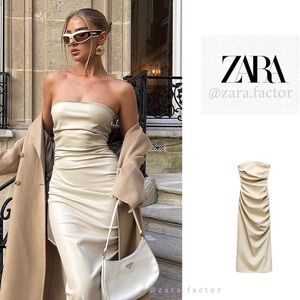 🆕(NWOT) ZARA Bloggers Fav Faux Leather Maxi Ruched Tube Dress. Size SMALL